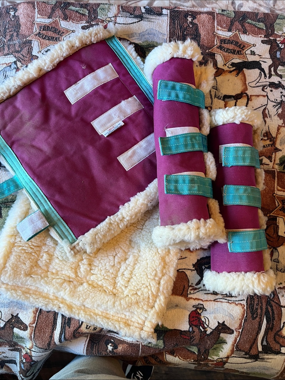 Plum and Teal Sherpa-Lined Horse Leg Wraps